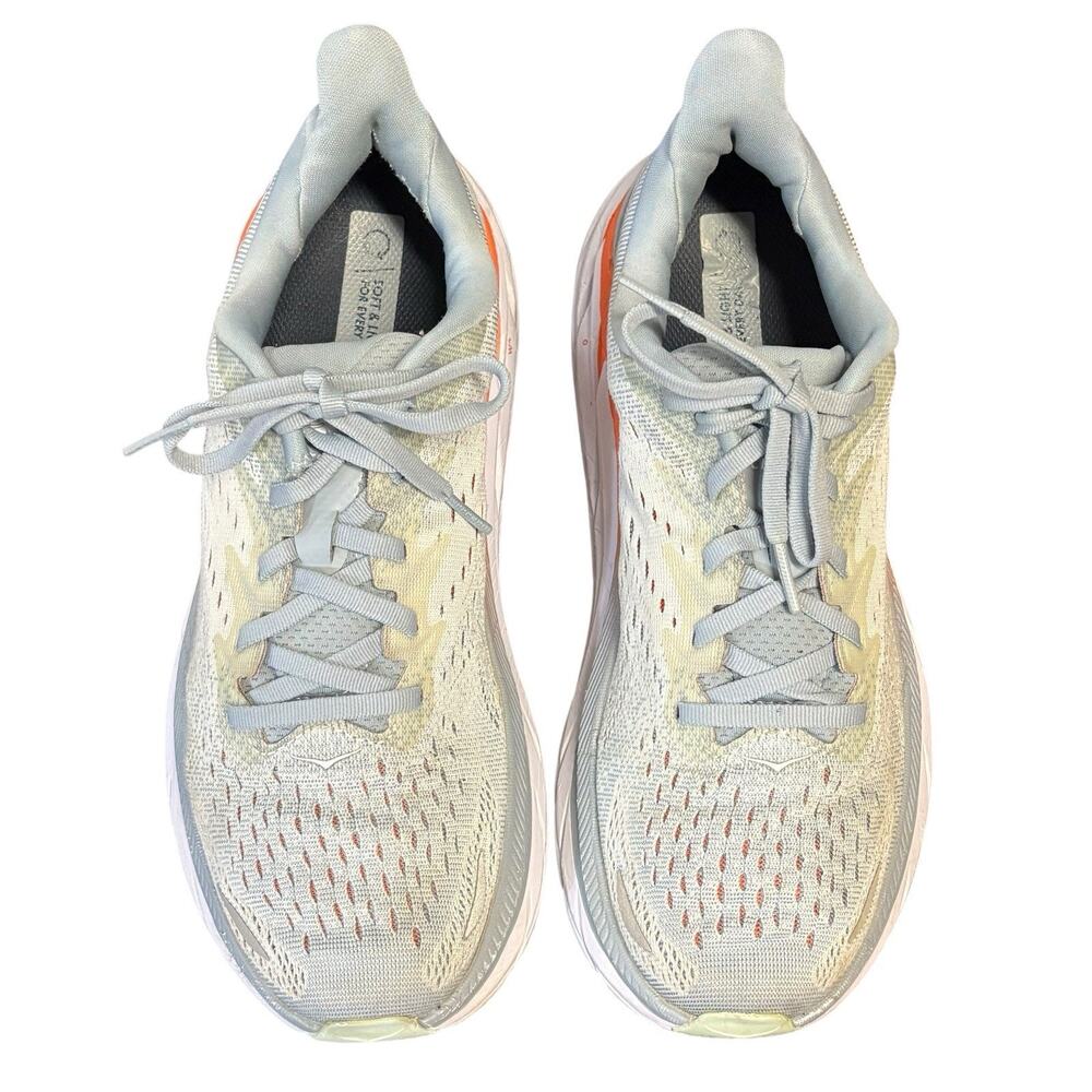 Hoka Clifton 8 Light Blue Gray Orange Running Shoes Women's Size 9B